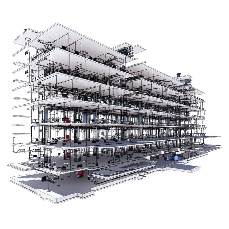 Exploded BIM model of a building, with services running through each floor.
