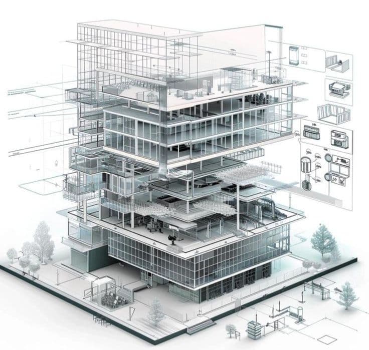 Cutaway of a multi-storey building showing structure, services and floor plates.