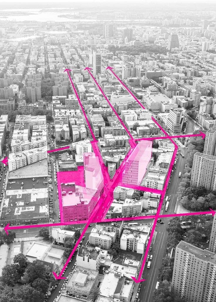 Aerial diagram of roads and connections across a city block.