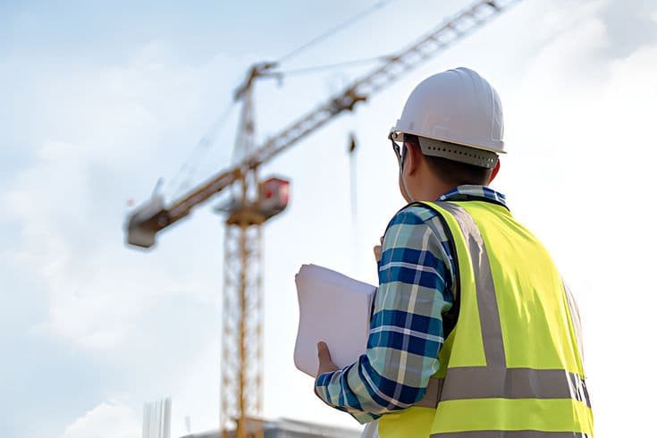 Engineer on a construction site, hard hat and drawings in hand, facing a crane.