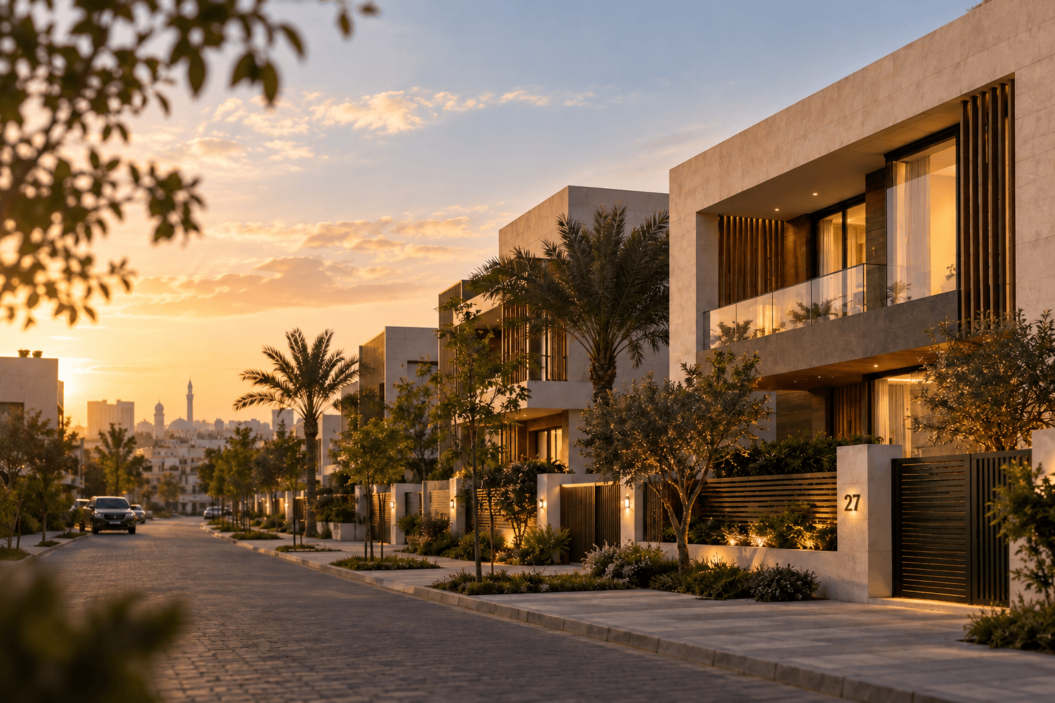 Stone villas along a palm-lined street at sunset.