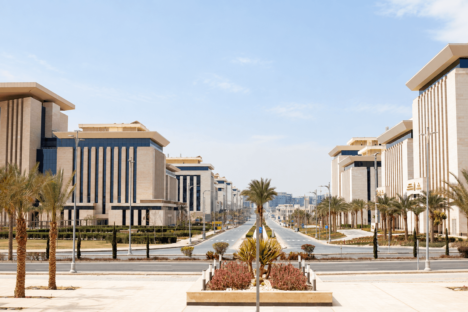 Palm-lined civic boulevard with stone and glass buildings.