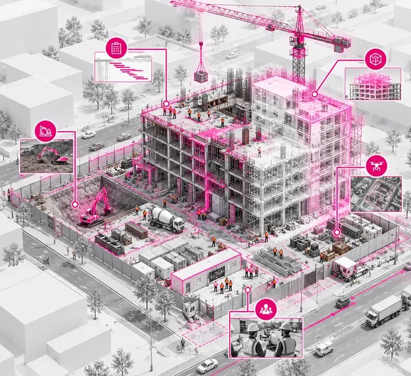 Engineer on a construction site, hard hat and drawings in hand, facing a crane.